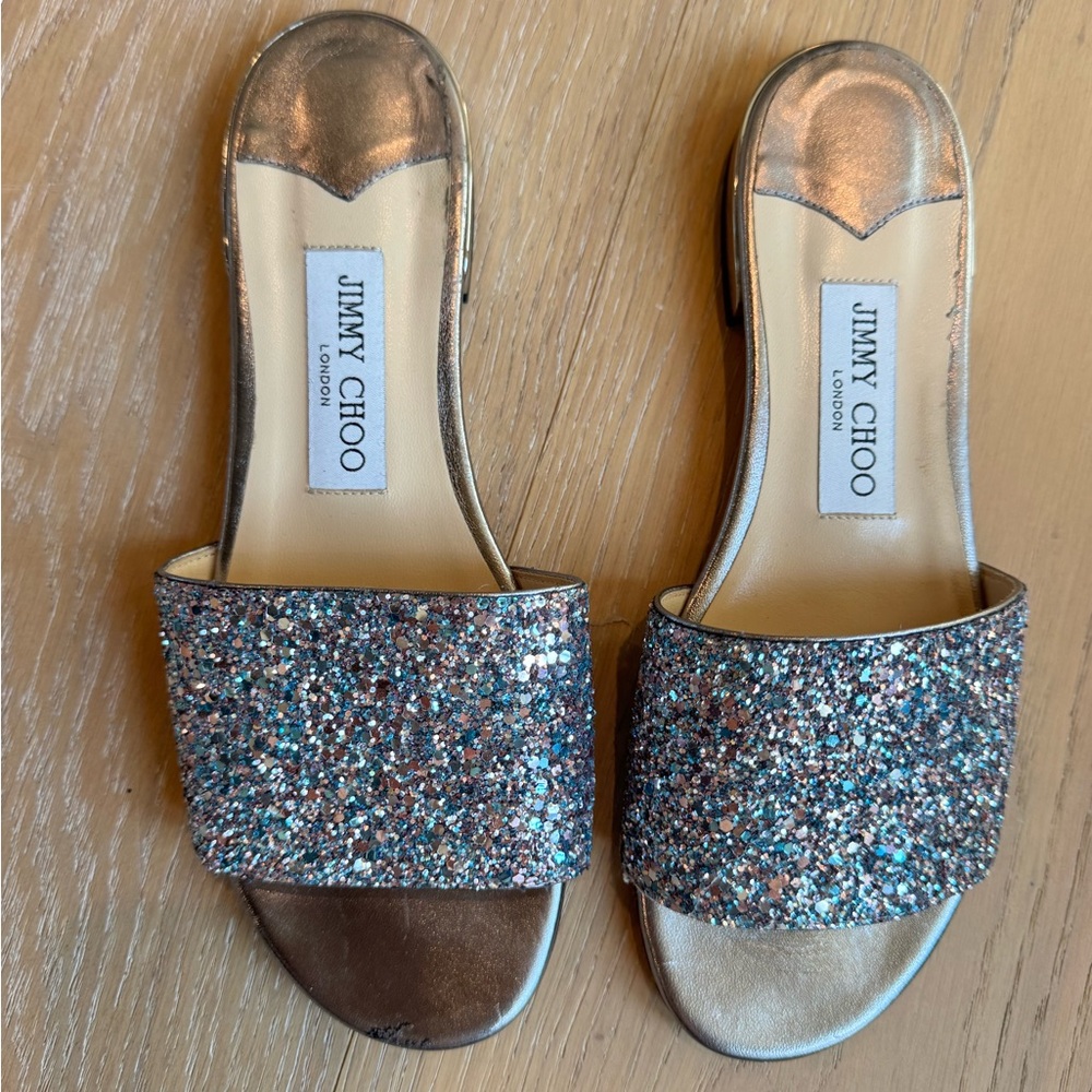 Jimmy Choo Gold and Silver Glitter Slides